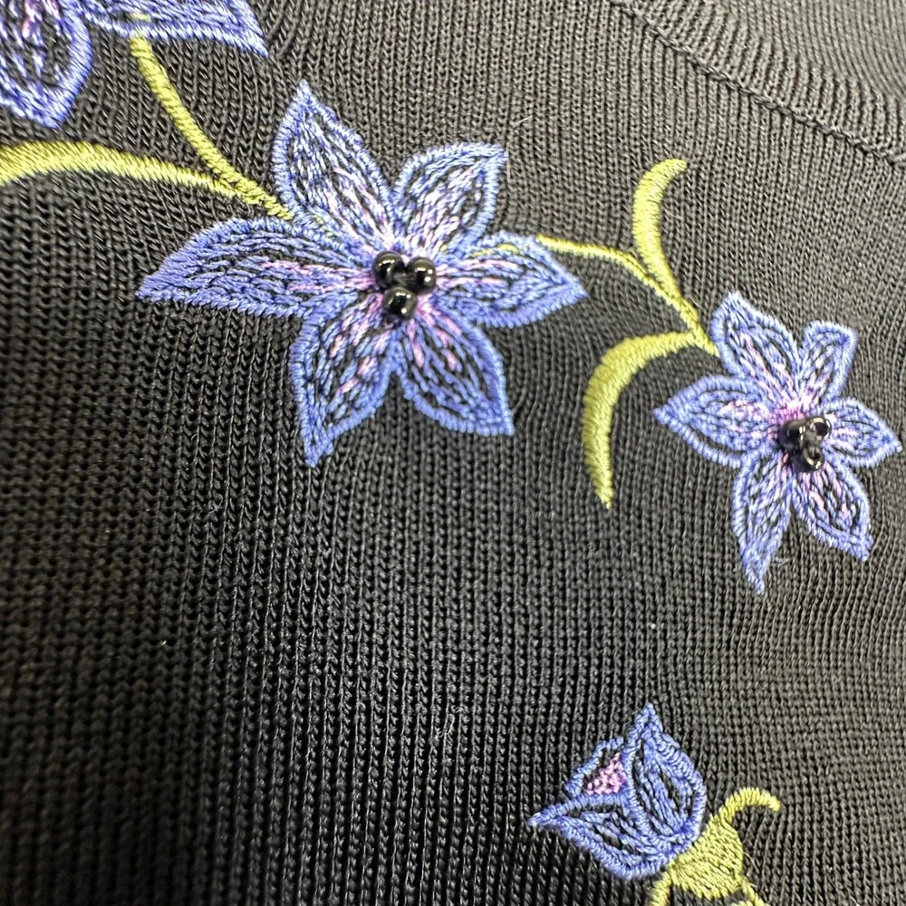 Misook Cardigan‎ Jacket Womens Large Petite Black Floral Embroidered Beaded Knit